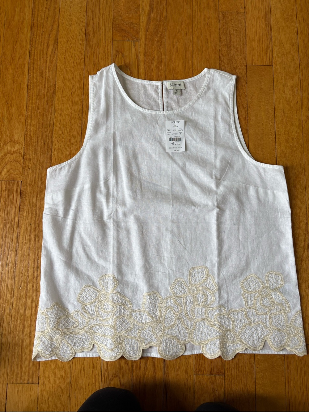 J. Crew White Linen Tank with Cream Embroidered Hem